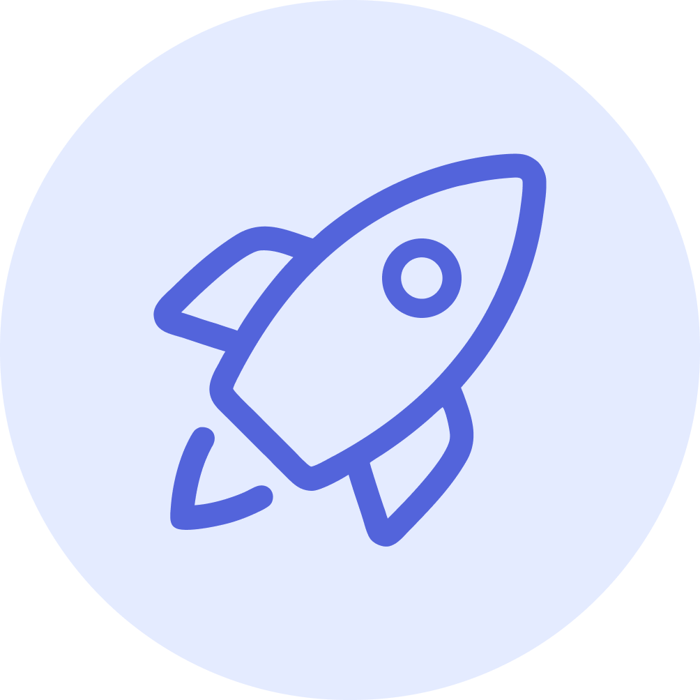 Line drawing of a rocket ship inside a circle with a light blue background.