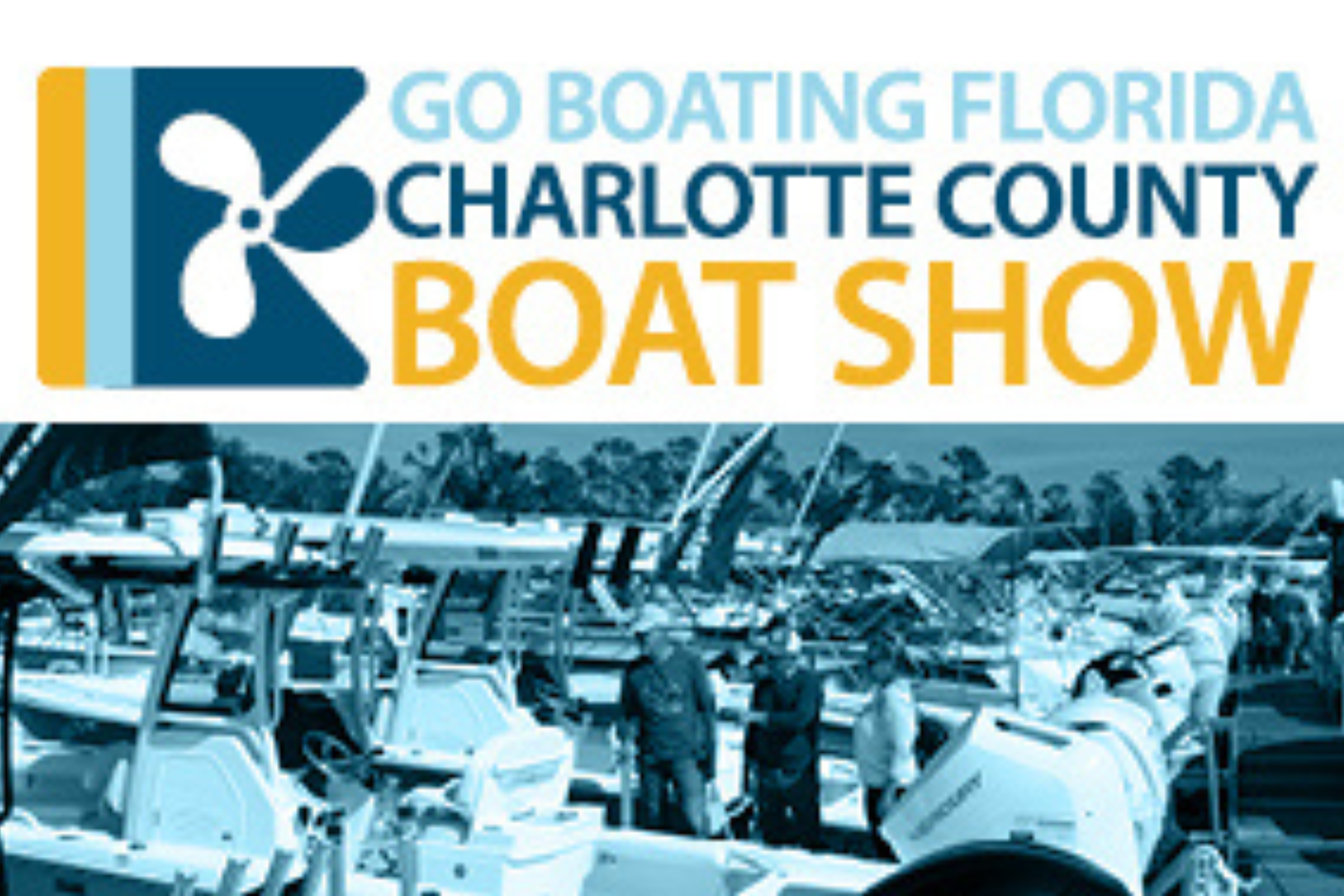 Logo for the Go Boating Florida Charlotte County Boat Show with a boat propeller graphic and stacked text in light blue, dark blue, and orange, overlapping a background of multiple white boats docked