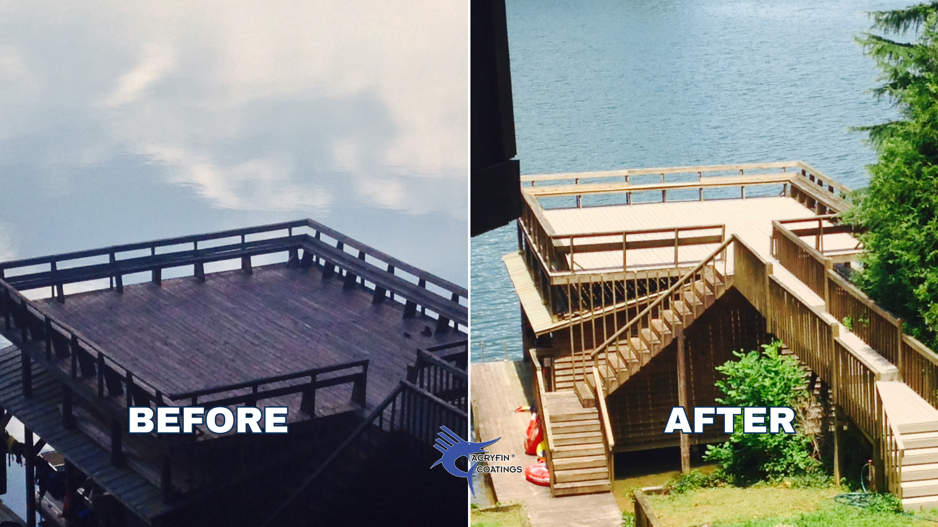 Before and after images of a wooden deck improvement. The 'before' image shows a weathered, dark wooden deck with a railing, above a body of water. The 'after' image shows a restored, brighter wooden deck with new paint or sealant, stairs, railing, a