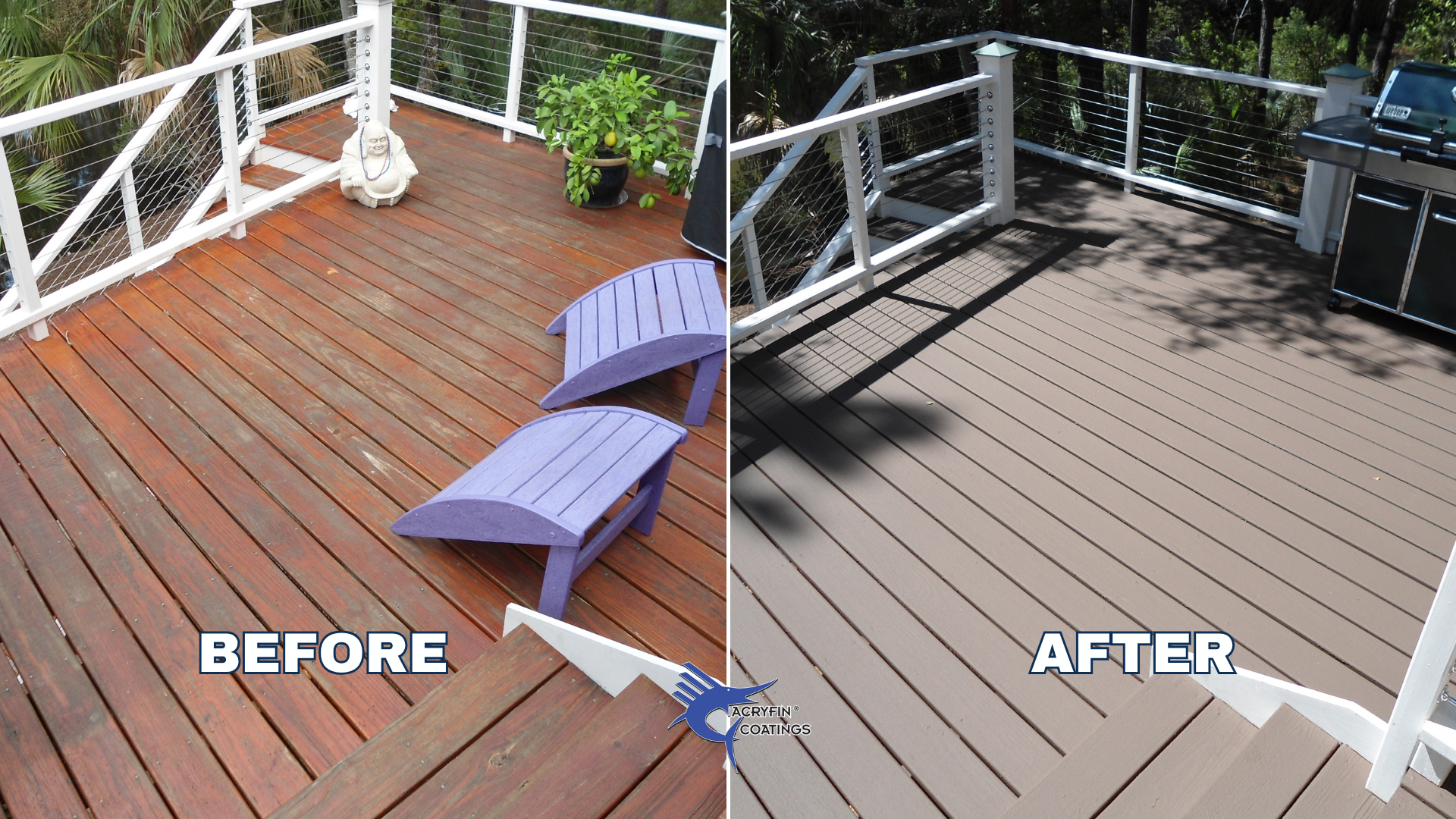 Comparison of a wooden deck before and after applying a protective coating. The before side shows reddish, weathered wood, while the after side shows a clean, grayish finish. The deck includes purple loungers, potted plants, and railing with cable wi