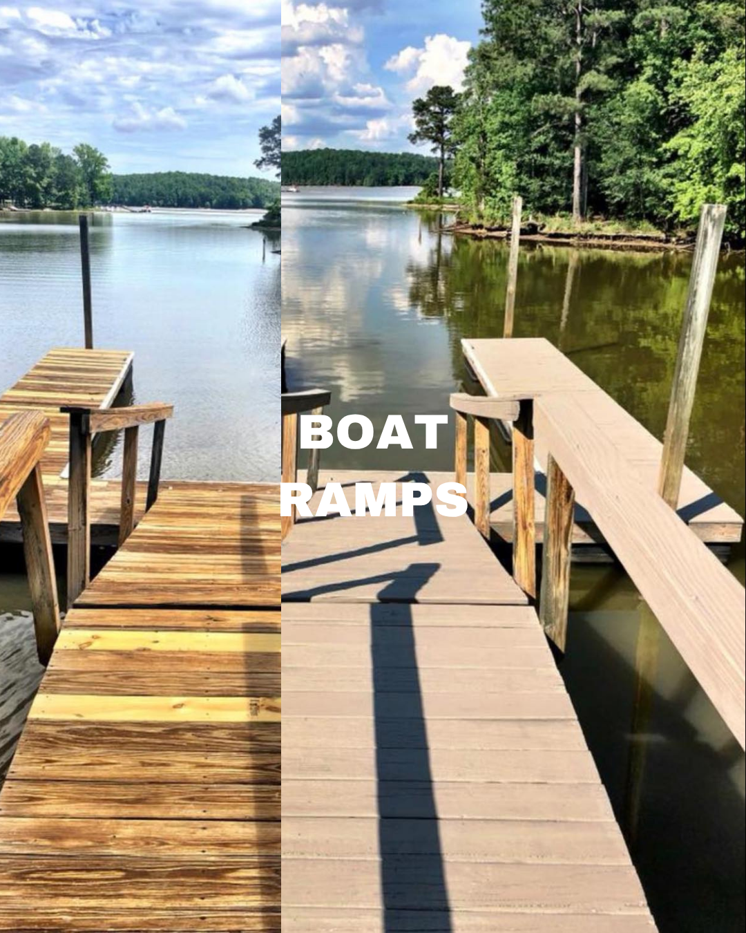 Side-by-side photos of boat ramps extending into a calm lake, with trees and a partly cloudy sky in the background. Text overlay reads 'BOAT RAMPS'.