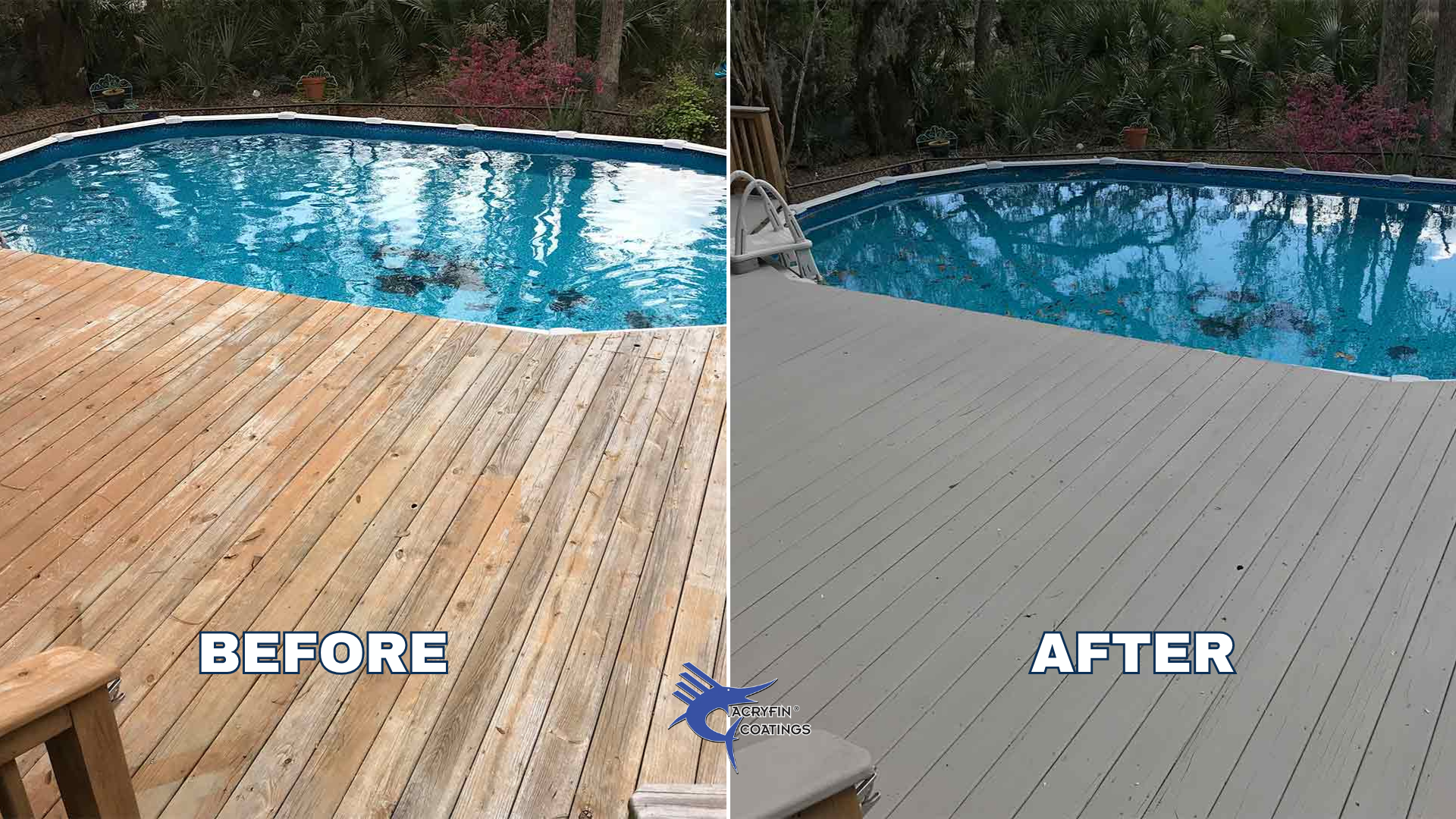 Side-by-side comparison of a backyard swimming pool area before and after cleaning and re-coating. The left side shows a pool with a wooden deck and water stains, while the right side shows the same area with a clean, painted white deck and clear water.
