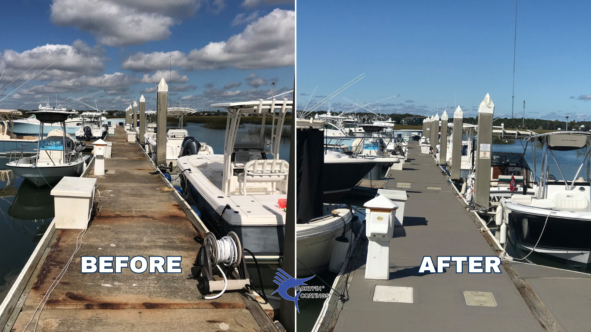 Comparison of a boat dock before and after cleaning and coating, with boats moored on both sides of the dock, showing a dirty, worn surface on the left and a clean, coated surface on the right.