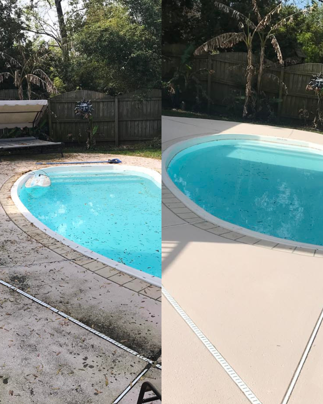 Comparison of a dirty, leaf-filled backyard swimming pool before and after cleaning and renovation, with a wooden fence, plants, and outdoor furniture visible in the background.