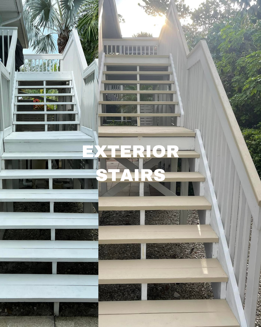 Comparison image of exterior stairs: left side shows older painted white wooden stairs with some peeling paint, right side shows new beige wooden stairs, both with white railings, surrounded by greenery and trees.