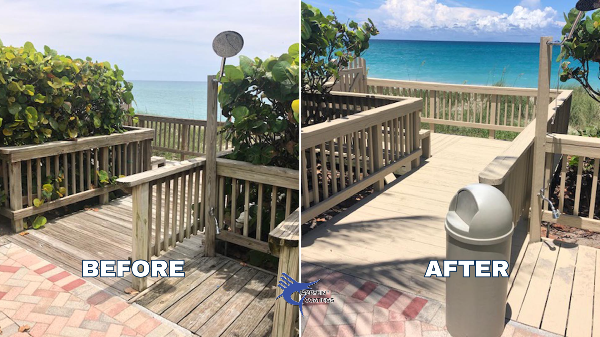 Comparison of a wooden deck with bush on the left side labeled 'Before' and a cleaned and painted deck with a trash can on the right side labeled 'After' and a view of the ocean in the background.