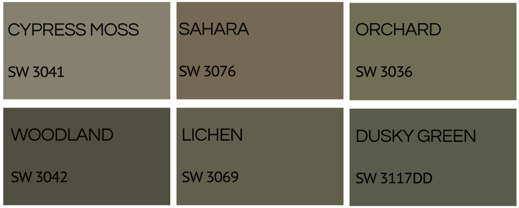 Color palette showing six shades of green/brown with names and Swatches: Cypress Moss, Sahara, Orchard, Woodland, Lichen, Dusky Green.