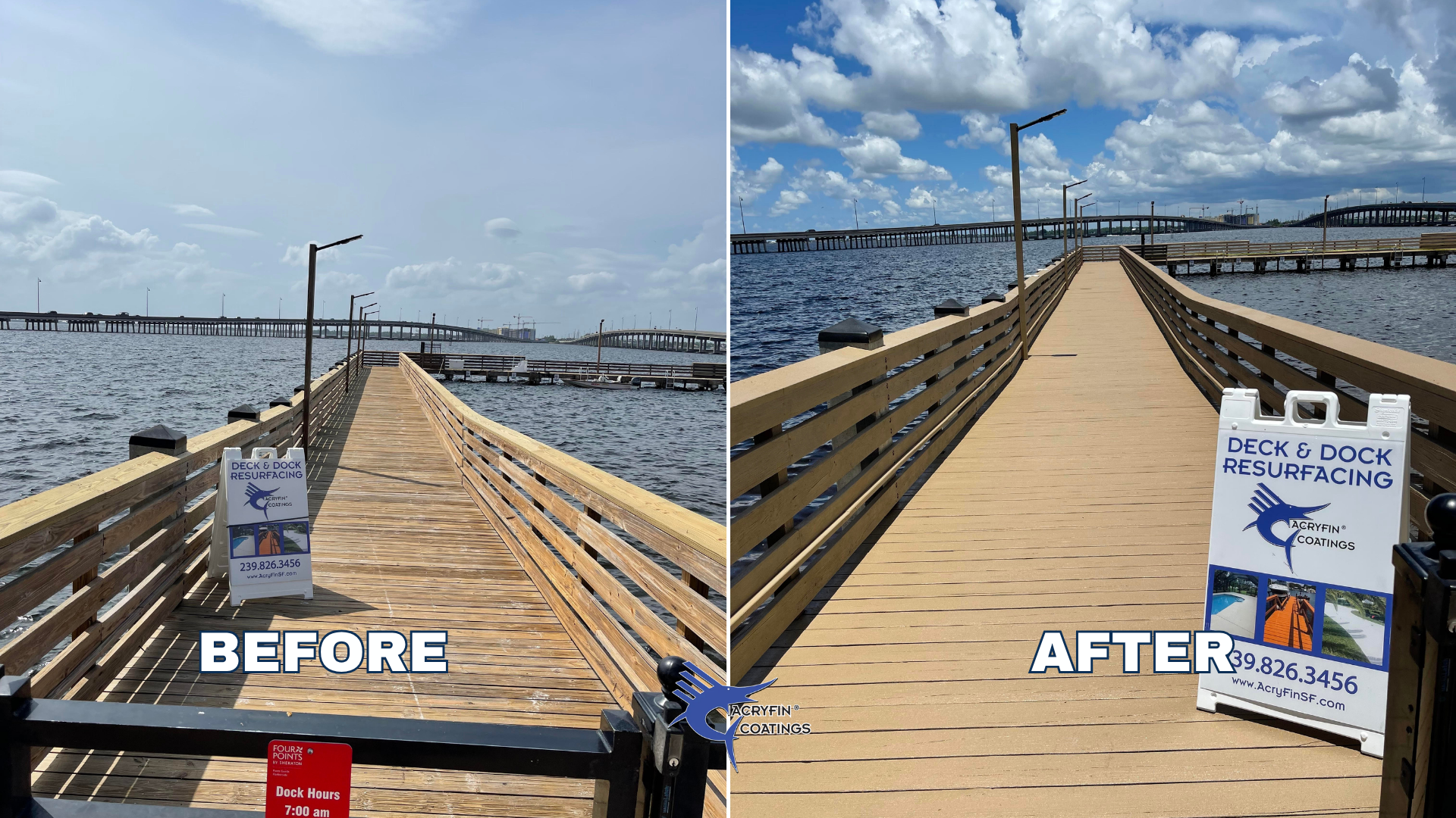 Side-by-side comparison of a dock before and after resurfacing. The left side shows the dock with worn, weathered wood, while the right side shows the dock with new, clean, smooth wood. Both images feature a blue sky with clouds and a body of water. 