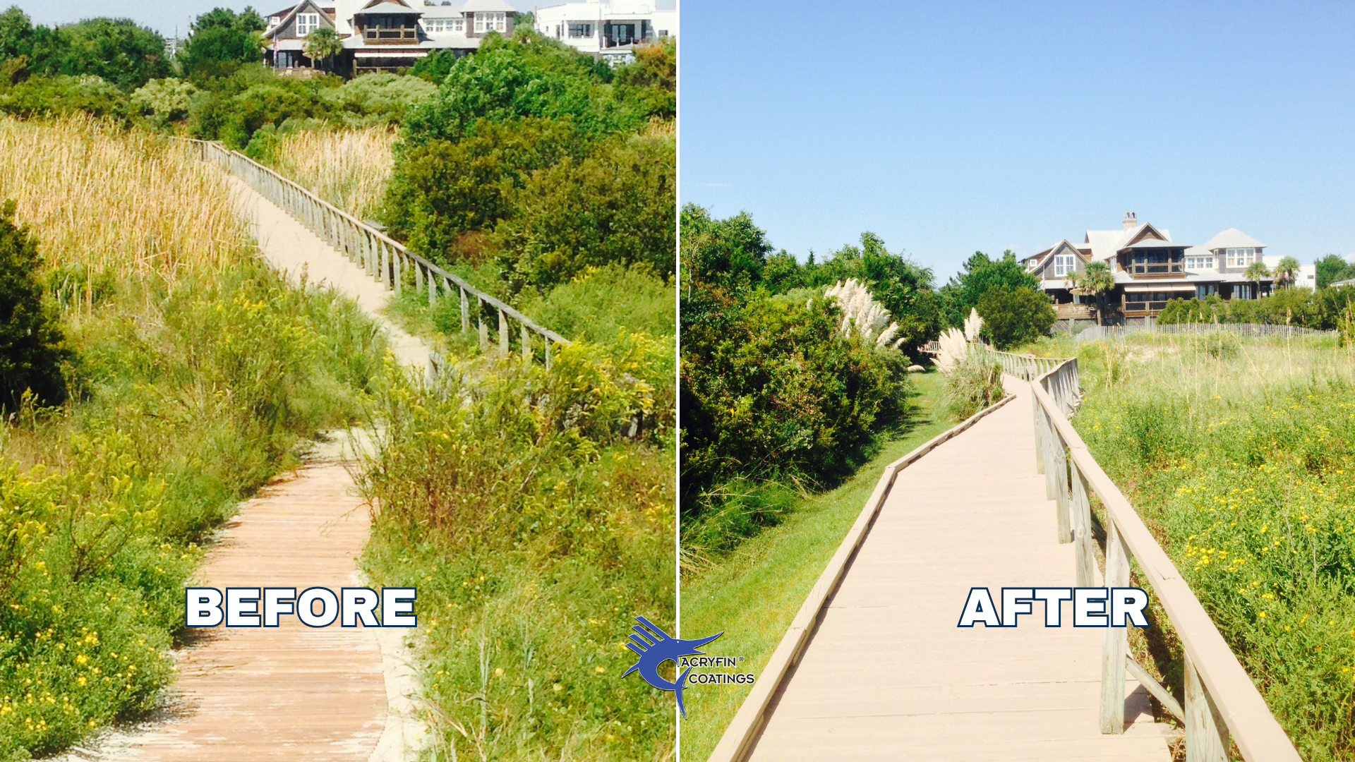 Comparison of a weathered wooden pathway overgrown with weeds and vegetation on the left, labeled "BEFORE", and a clean, painted pathway with maintained grass and plants on the right, labeled "AFTER", showing the result of a maintenance or cleaning s