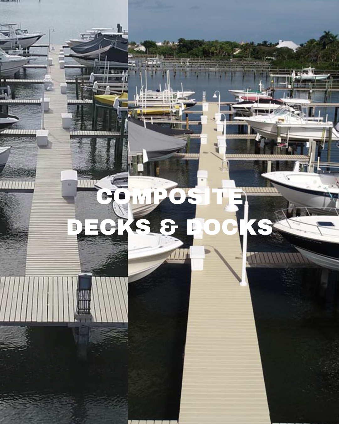 View of a marina with multiple boats docked on composite decks and docks, featuring walkways and posts, with a scenic background of trees and houses.