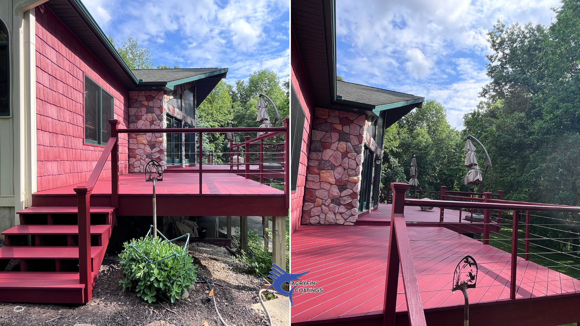 Side-by-side comparison of a house's exterior with a red painted wooden deck, stairs, and railing. The left image shows the deck area before painting, with some dirt and plants visible beneath. The right image shows the deck after repainting, looking clean and freshly coated, with an umbrella and trees in the background.