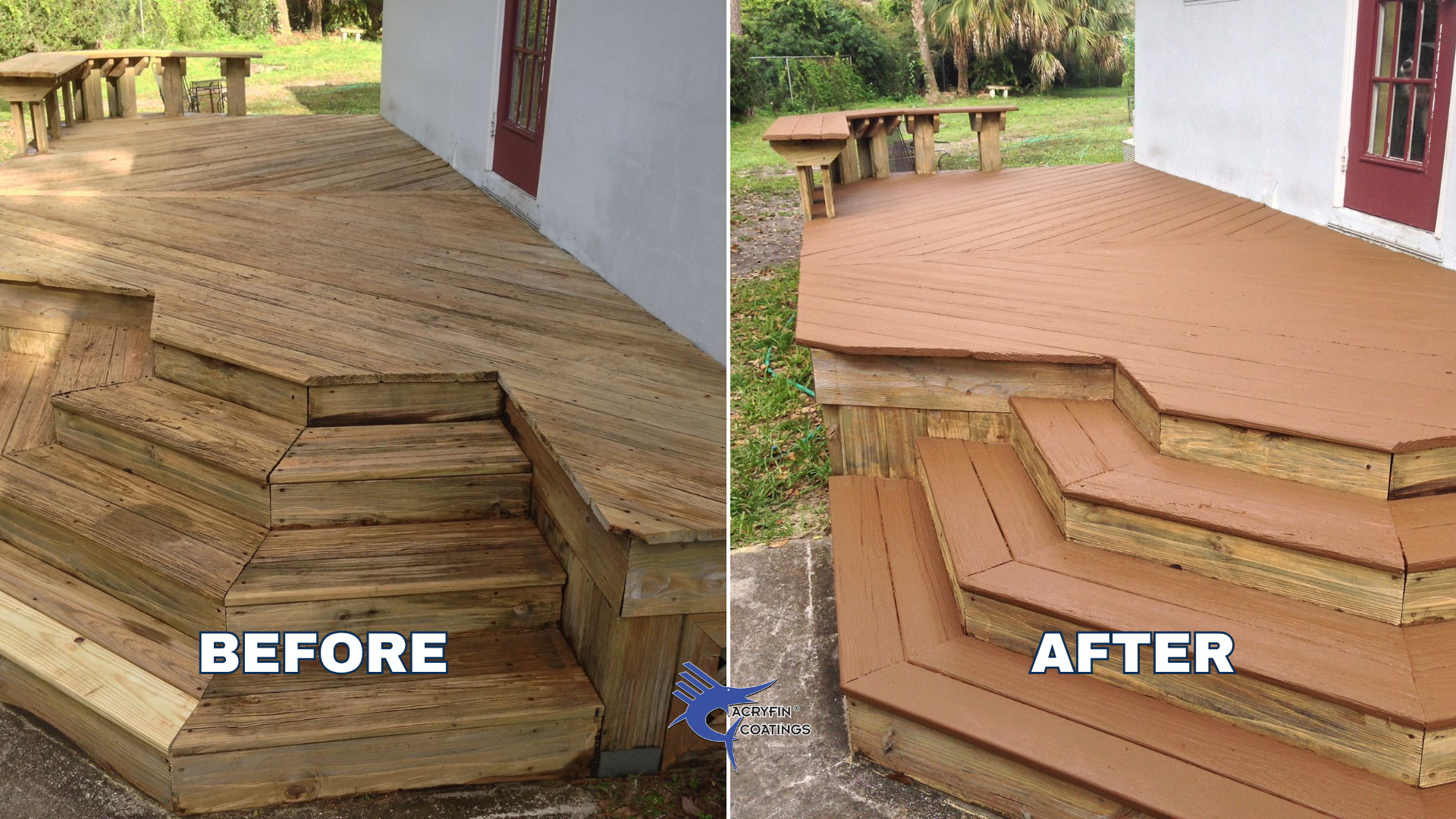 Side-by-side comparison of a wooden deck before and after added stain or paint, showing a transition from weathered wood to a fresh, uniform brown surface.