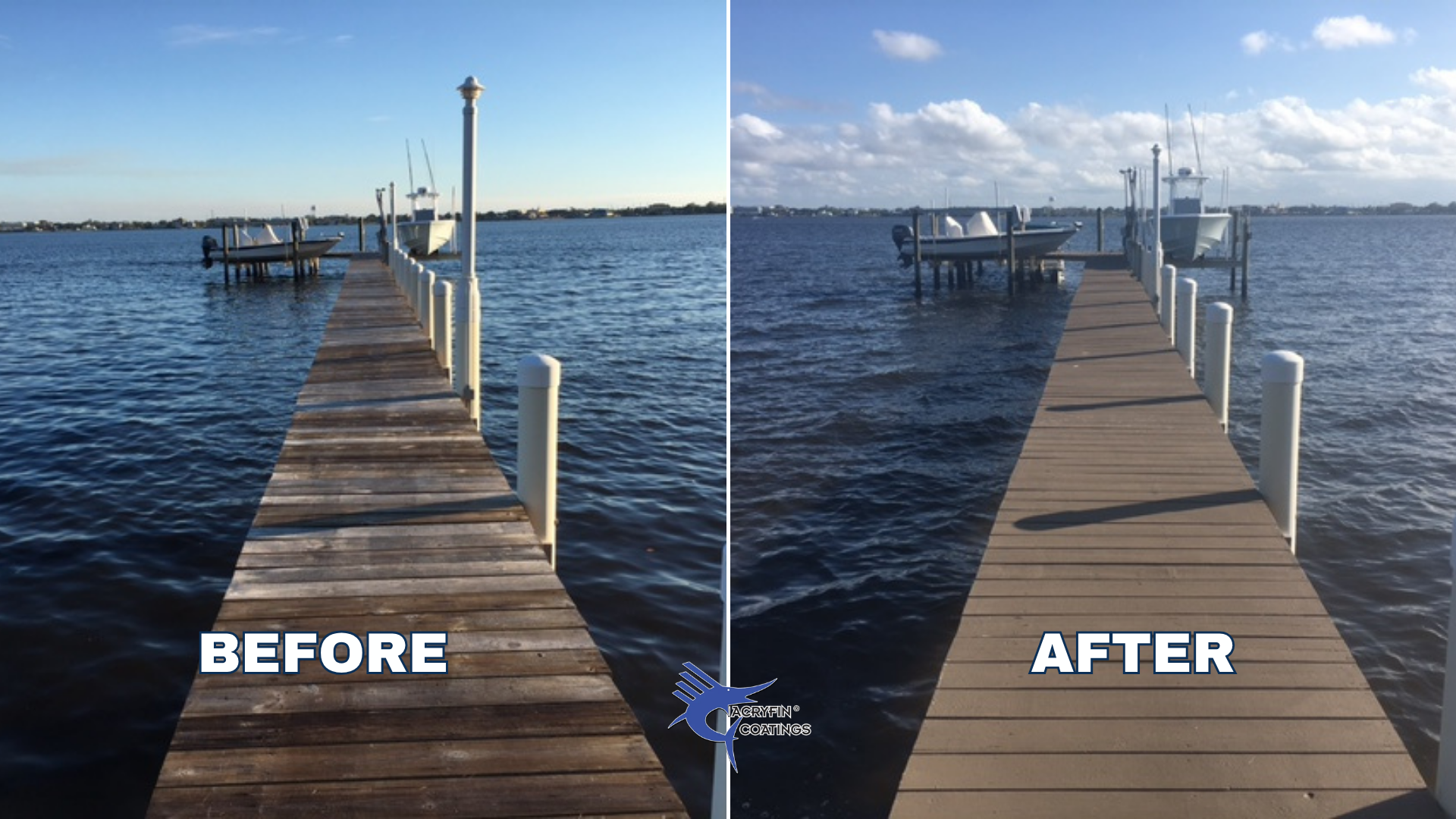 Comparison of a wooden dock before and after applying a protective coating, showing a smoother, cleaner surface in the after image.