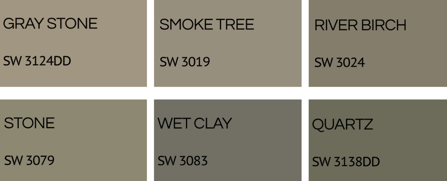 A color palette showing six shades of earthy tones, labeled with their names and color codes: Gray Stone SW 3124DD, Smoke Tree SW 3019, River Birch SW 3024, Stone SW 3079, Wet Clay SW 3083, Quartz SW 3138DD.