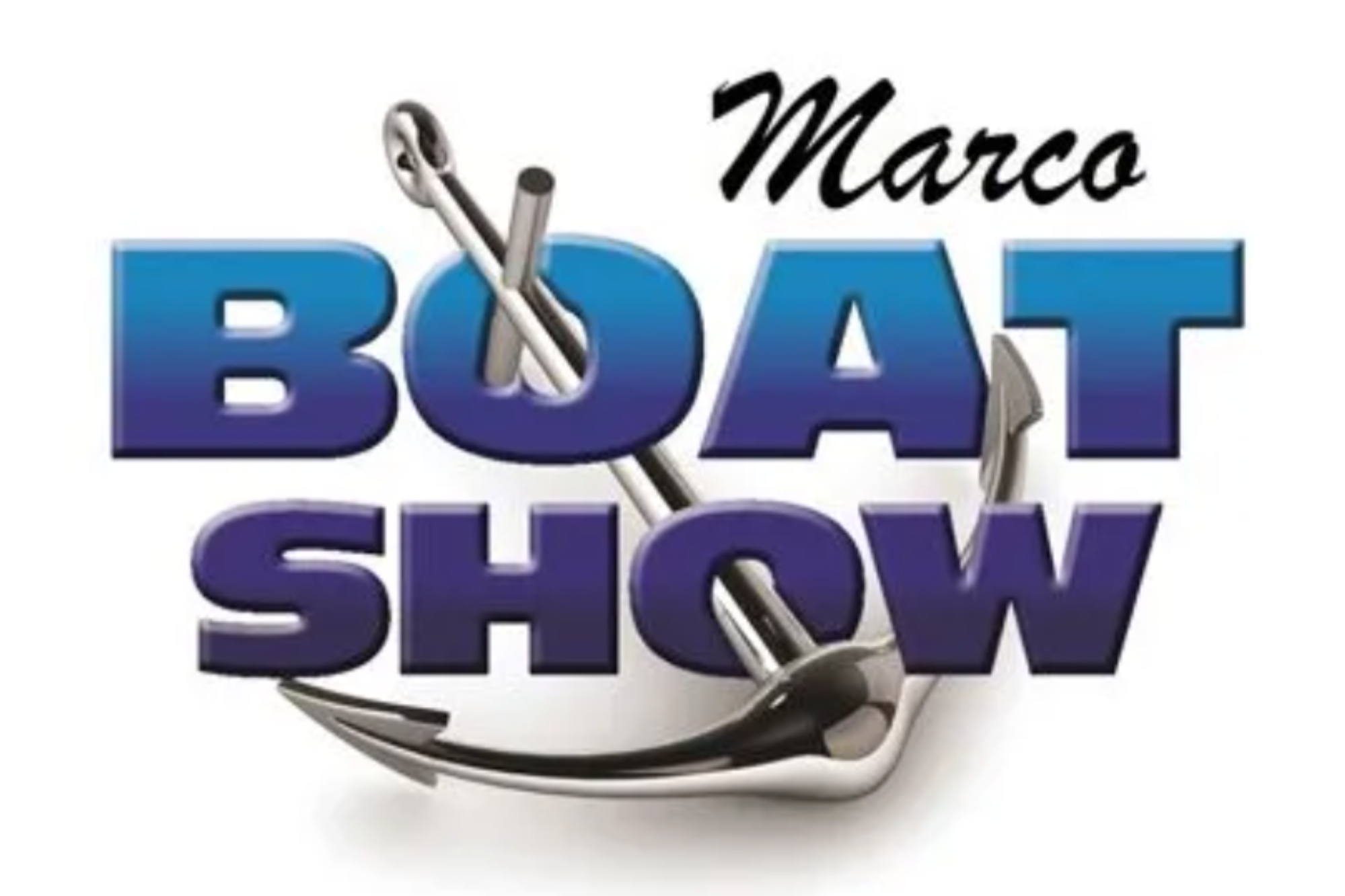 A sign reading 'Marco BOAT SHOW' with a fish hook and a fish in the design, and a human hand holding the sign.