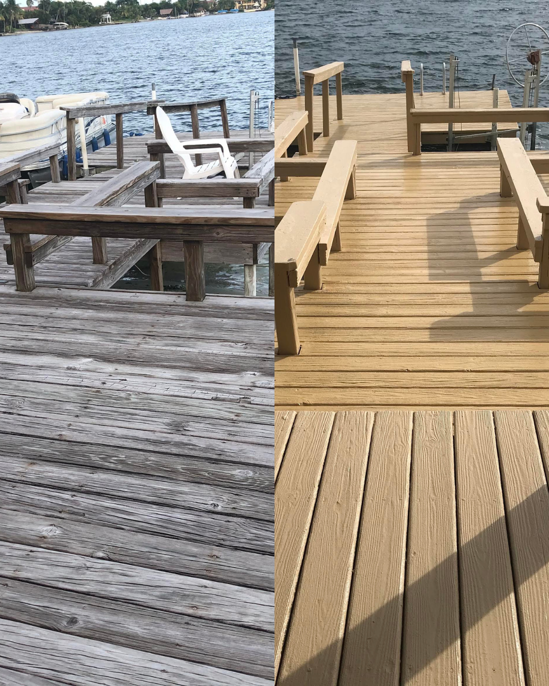 Comparison of two wooden docks by the water, one weathered and gray on the left, one new and light-colored on the right.