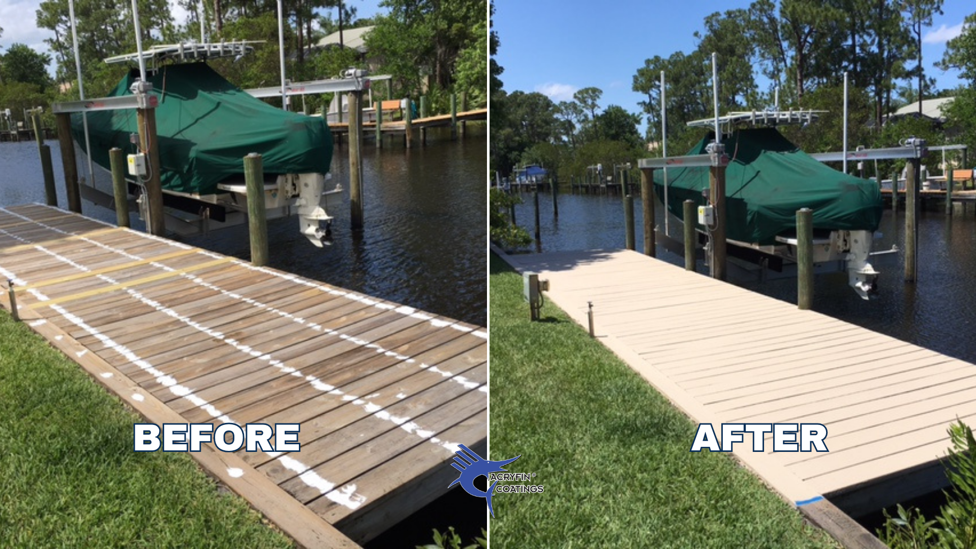 Side-by-side comparison of a boat dock before and after a coating application. The left side shows the dock with a weathered wooden surface marked with white lines, while the right side shows the same dock with a newly coated, smooth, and uniform sur