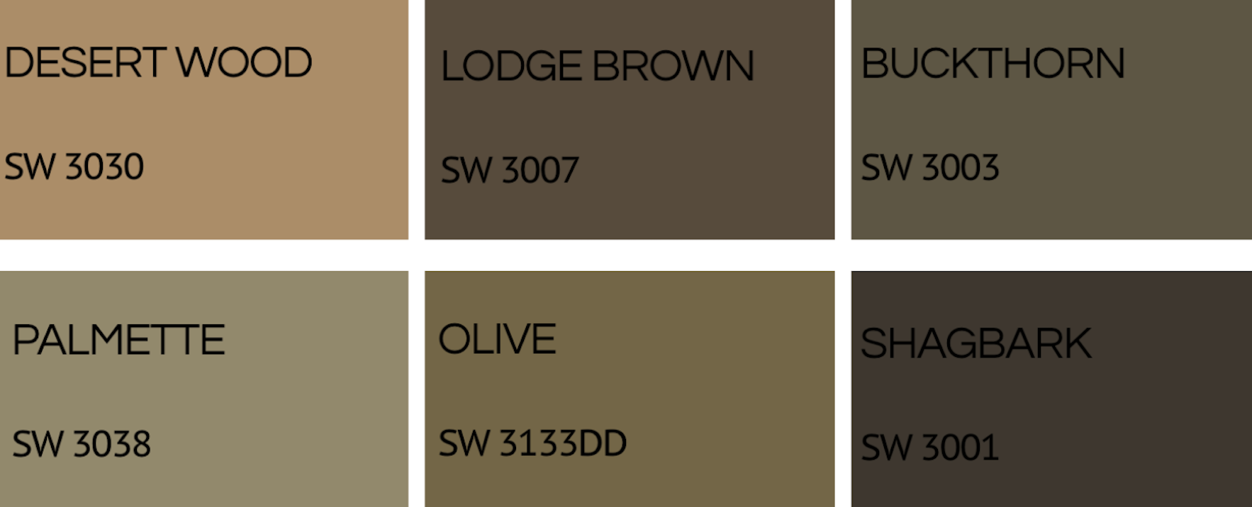 A color palette chart with six color swatches labeled as Desert Wood, Lodge Brown, Buckthorn, Palmette, Olive, and Shagbark, each with their respective color code.