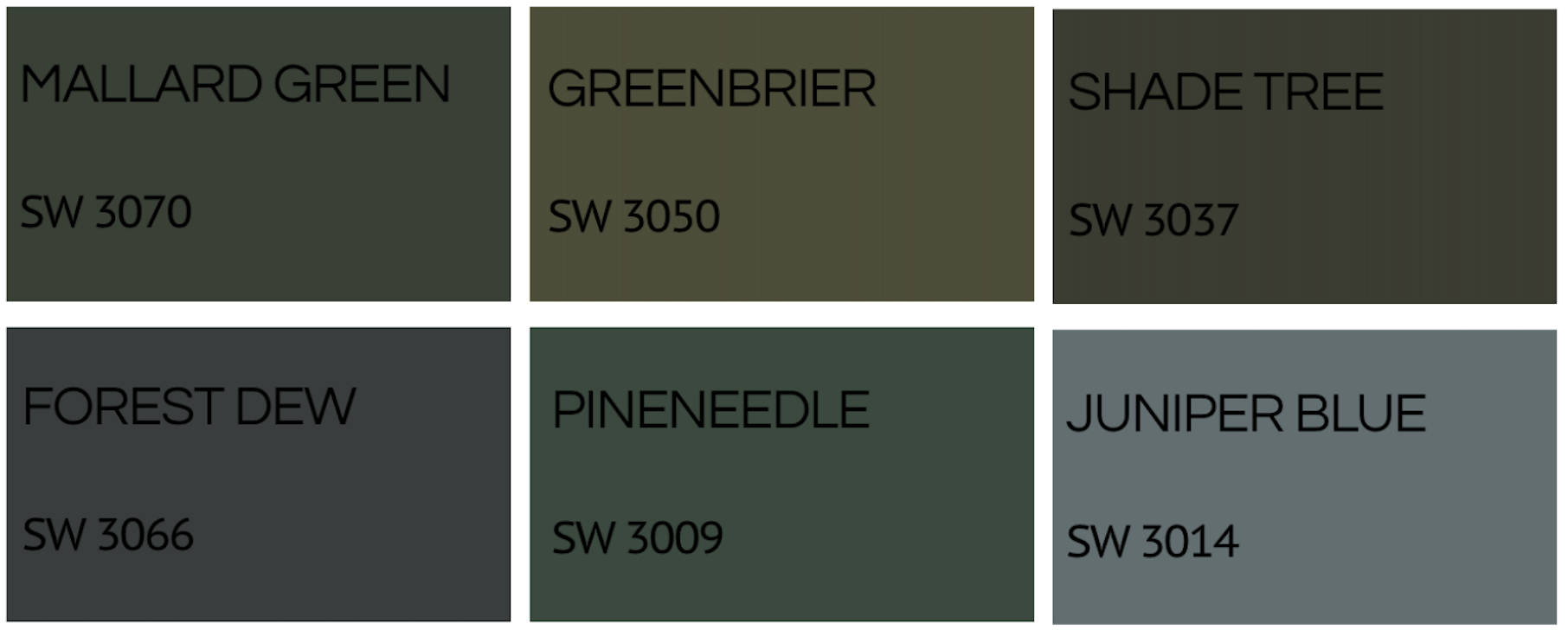 A color palette featuring six shades of green and gray, each labeled with their names and code: Mallard Green, Greenbrier, Shade Tree, Forest Dew, PineeEdle, and Juniper Blue.