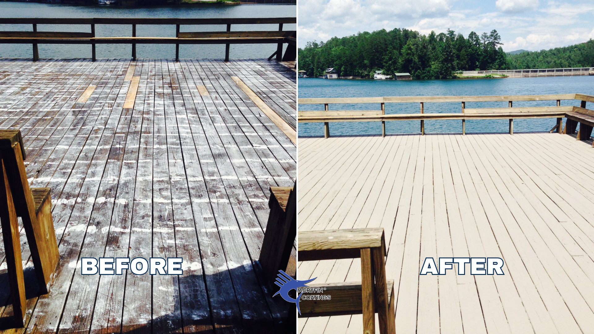 Comparison of a weathered wooden deck before and after cleaning and coating, with water and trees in the background.