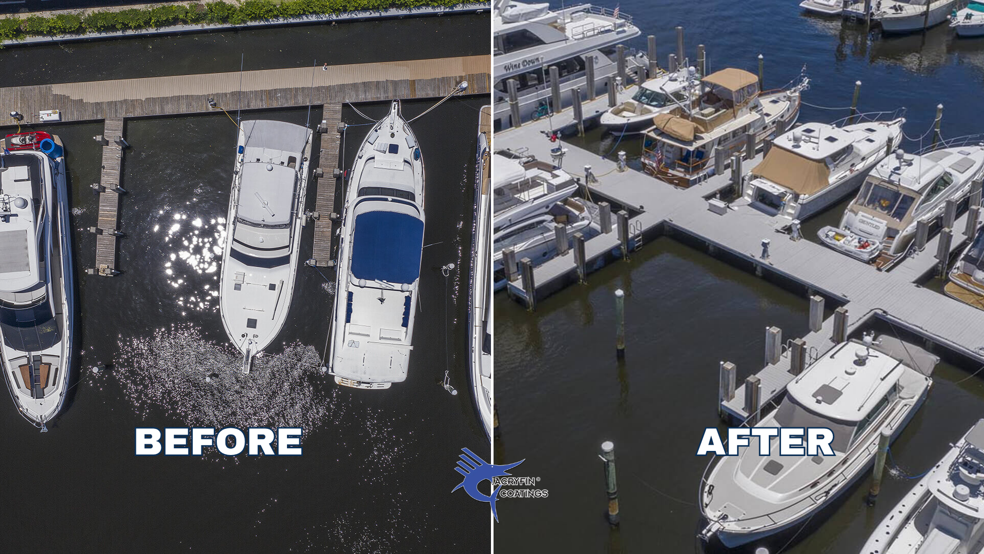 Side-by-side comparison of a marina dock before and after cleaning, showing boats docked at the pier, with the water appearing darker and murkier before cleaning and clearer after cleaning.