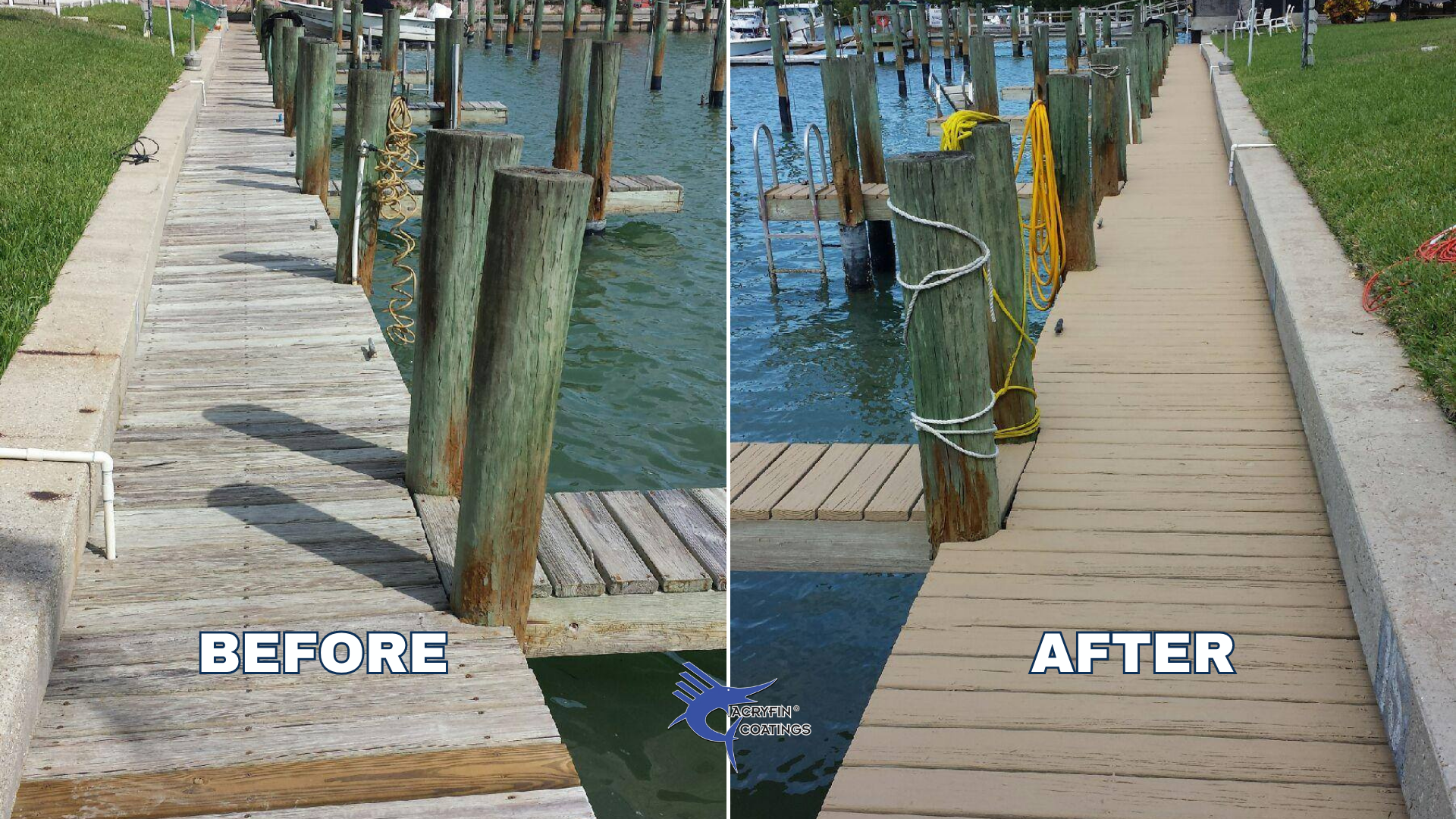 Comparison of a wooden dock before and after coating, showing the right side with freshly coated, smooth, and clean wood, and the left side with weathered, worn, and gray wood planks, surrounded by grassy areas and water.