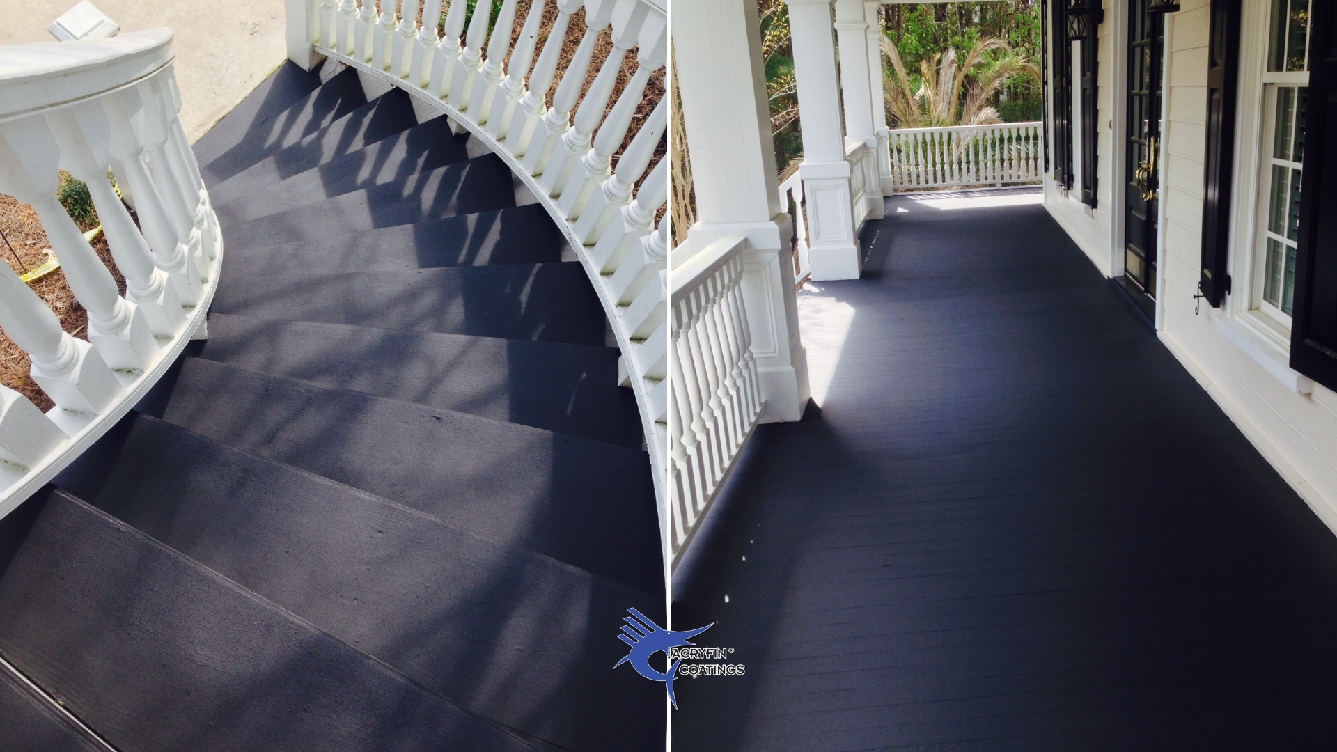 Side-by-side comparison of a porch in two stages: the left side shows the porch with a dark, matte, freshly coated surface, and the right side shows the same porch after finishing, with a smooth, glossy finish. The porch has white railings, beige siding, and black shutters, with a view of trees in the background.