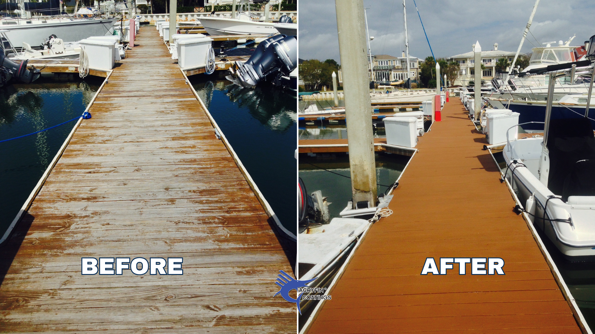 Comparison of a boat dock before and after applying a wood restoration coating. The "before" side shows weathered and faded wooden planks, while the "after" side features a newly coated, rich-colored, smooth, and rejuvenated wooden dock surface.
