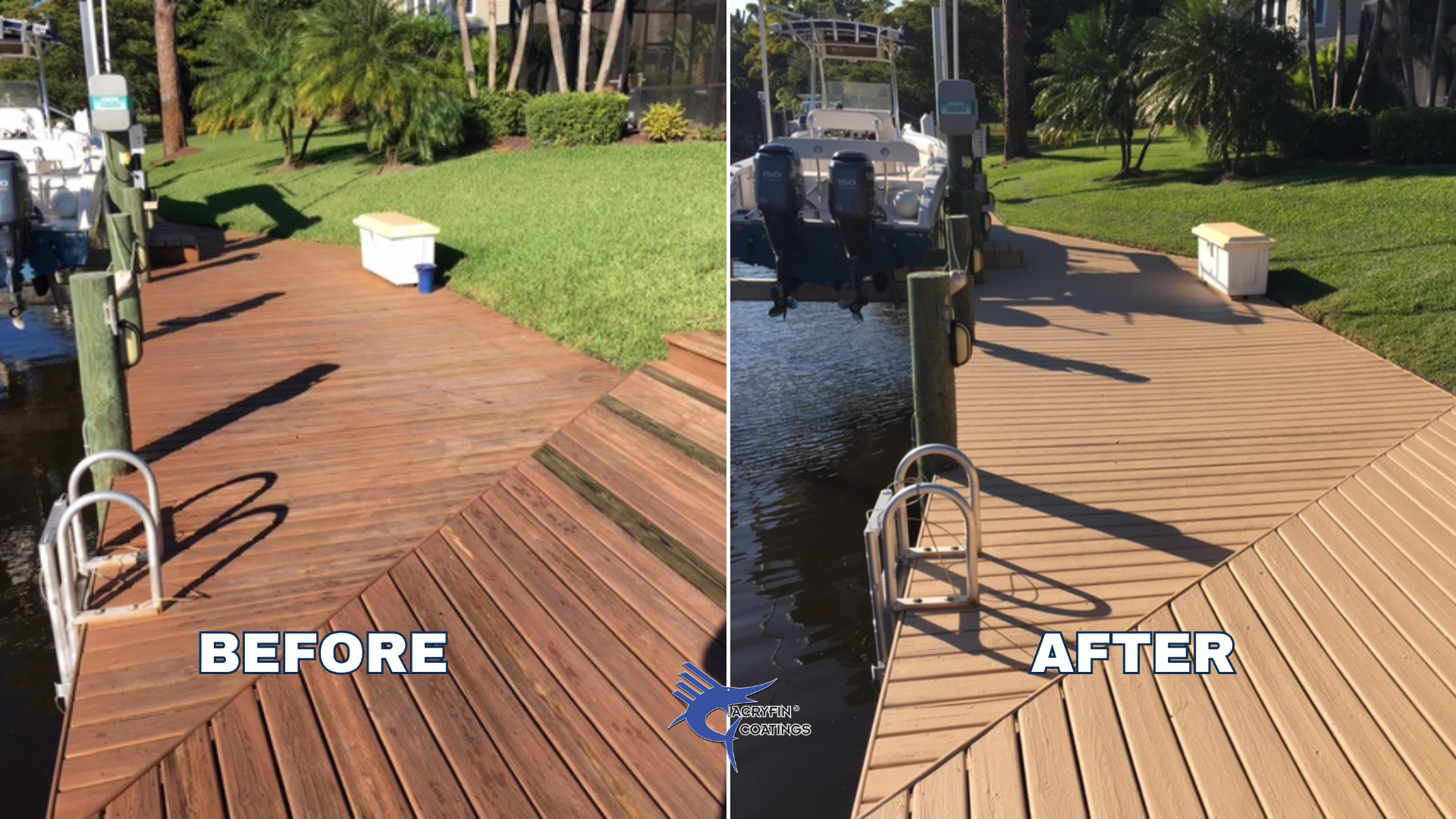 Comparison of a wooden dock before and after cleaning and refinishing. The 'before' side shows a darker, weathered surface, while the 'after' side shows a lighter, cleaner surface. The dock is on water, with a boat lift and trees in the background.