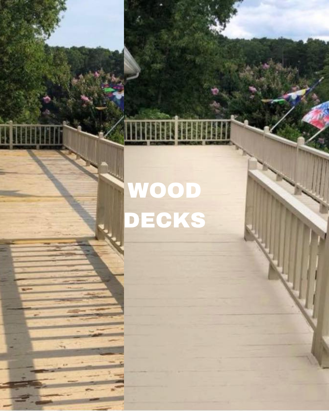 Side-by-side comparison of a wooden deck before and after restoration, with a background of trees and outdoor umbrellas. The left side shows weathered, stained wood, while the right side displays freshly painted or stained wood.