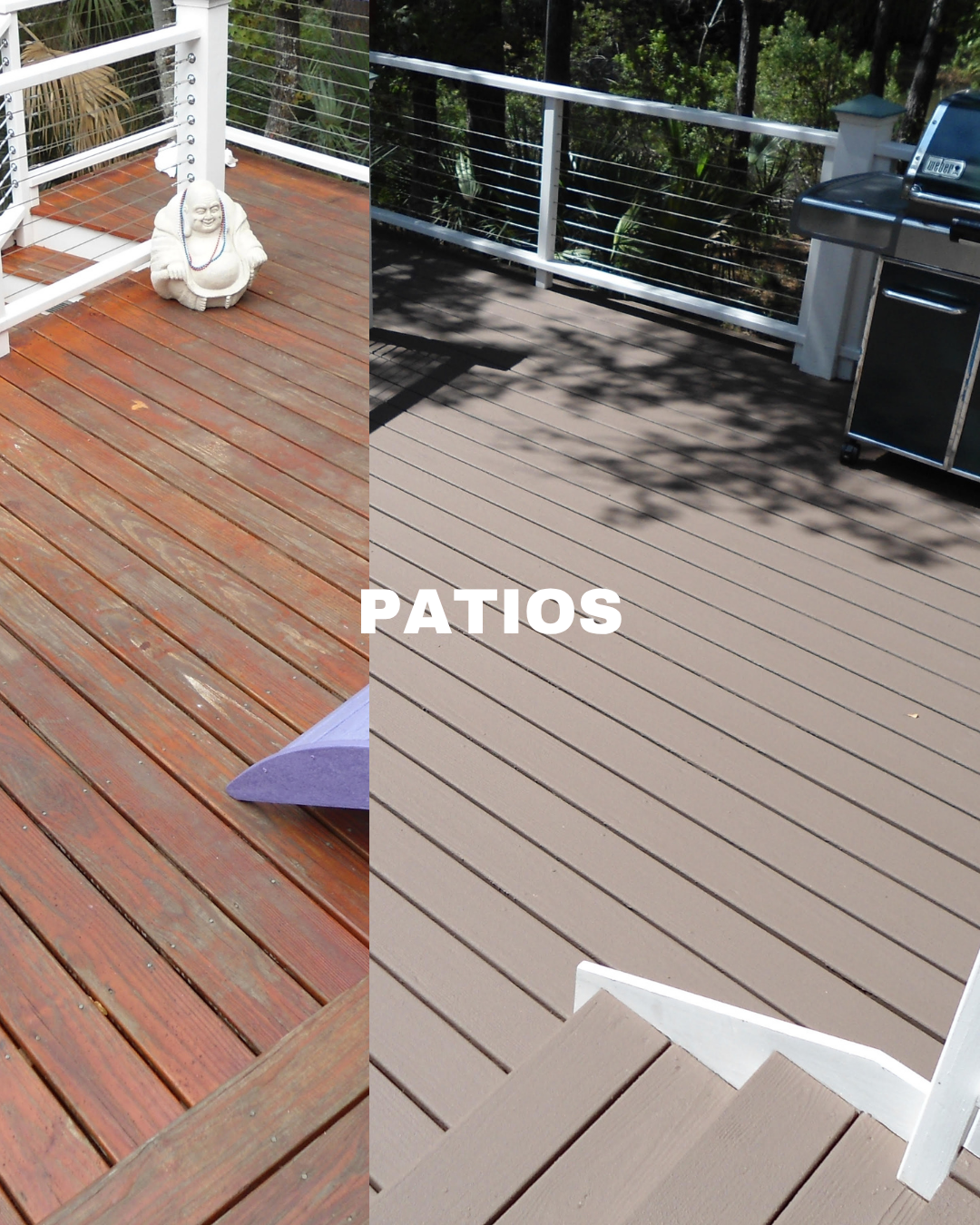 Comparison of two patio decks; the left is made of reddish wood with a small statue of a laughing Buddha, and the right is a light brown composite material with a grill and trees in the background, labeled 'Patios'.