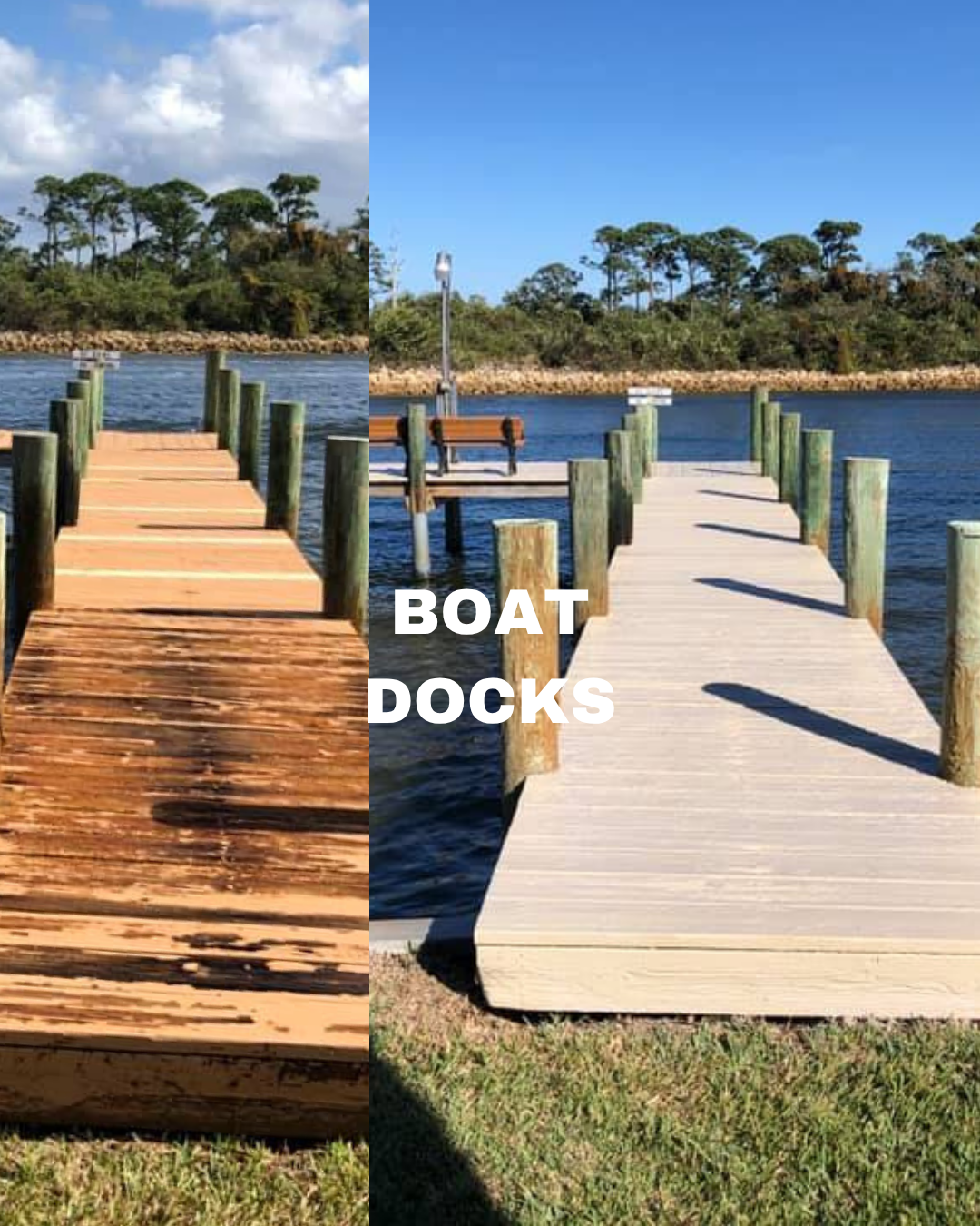 Side-by-side comparison of two boat docks extending into a body of water, with the words 'BOAT DOCKS' in the center. The left dock is made of weathered, darker wood, while the right dock is made of lighter, newer wood. Both docks have greenish posts along the sides and are situated in a scenic area with trees and a blue sky.
