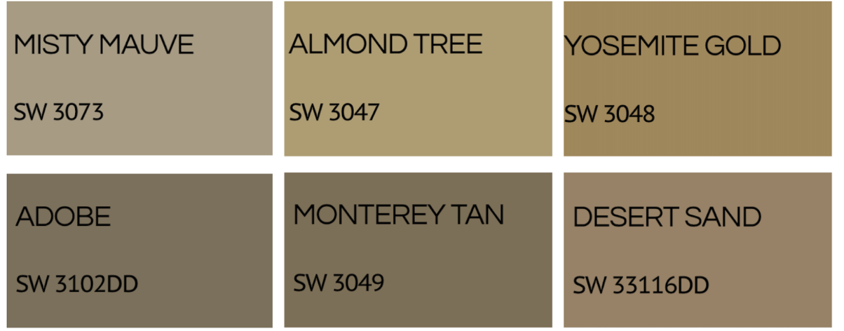A palette of six paint colors with names and codes: Misty Mauve, Almond Tree, Yosemite Gold, Adobe, Monterey Tan, Desert Sand.