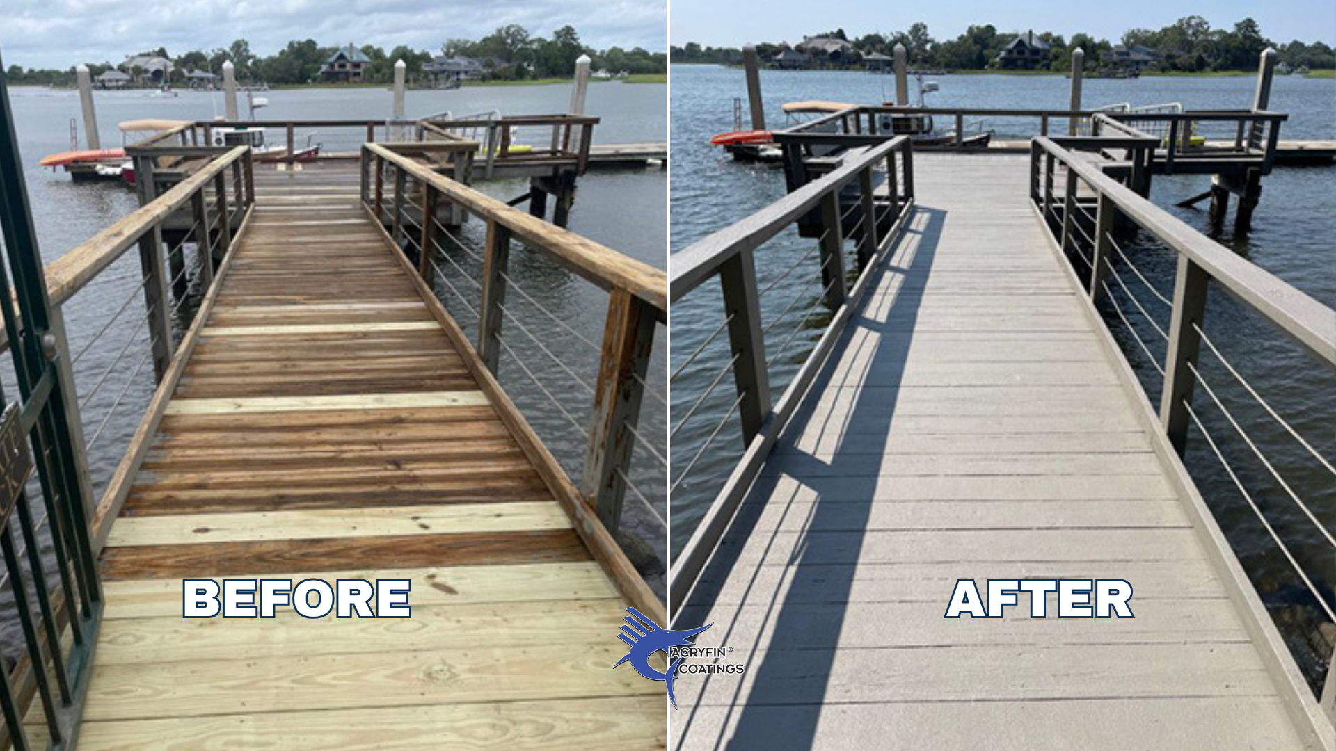 Comparison of a wooden dock before and after cleaning and coating. The "before" side shows weathered, stained wood, while the "after" side has clean, freshly painted or sealed surface with a uniform color.