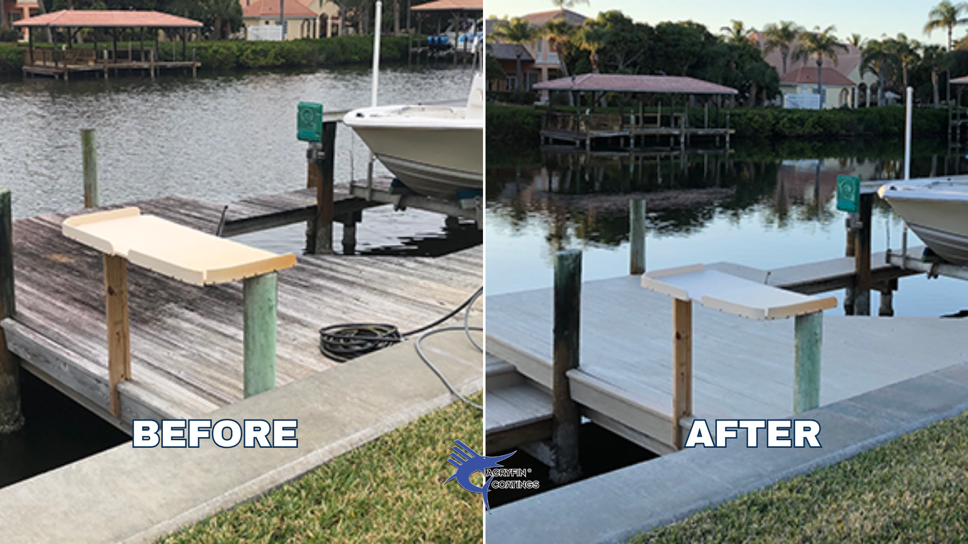 Side-by-side comparison of a waterfront dock before and after a maintenance and coating restoration. The 'before' side shows a weathered and stained wooden dock with a beige bench and a boat. The 'after' side shows a cleaned and painted dock with fre