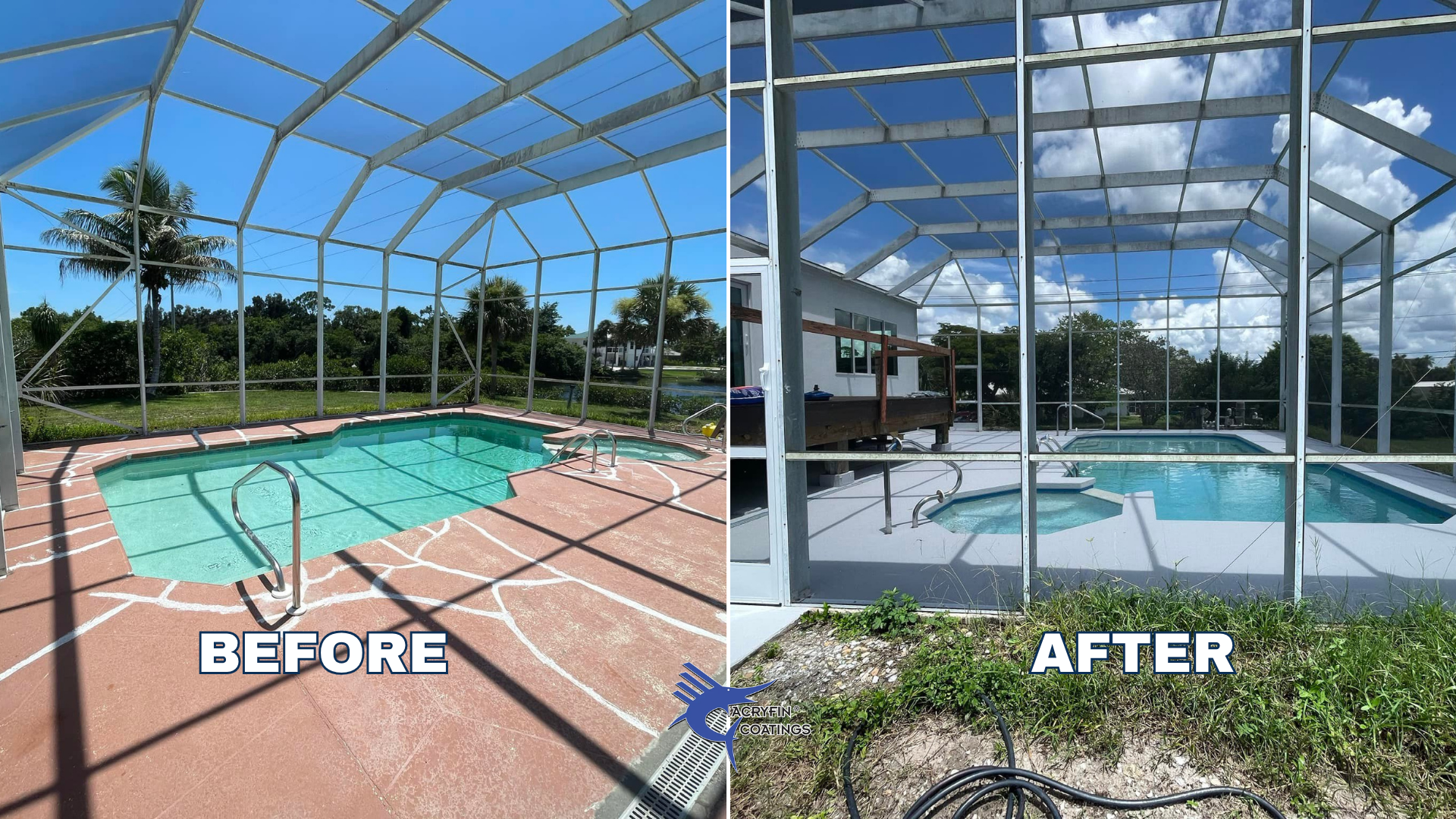 Side-by-side comparison of a screened-in patio area with a small pool before and after a coating application. The left shows a patio with a pinkish-tan stone floor, a light blue pool, and a white screened enclosure. The right shows the same area afte