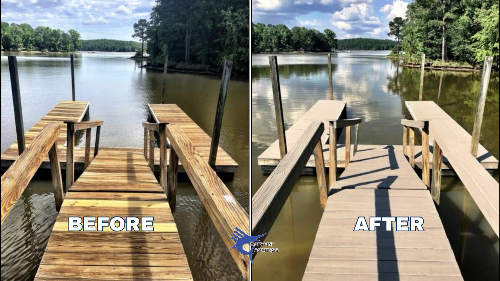 Side-by-side comparison of a wooden dock before and after cleaning and coating. The 'before' image shows a darker, weathered dock, while the 'after' image shows a cleaner, lighter-colored dock with a fresh coat of paint or sealant.