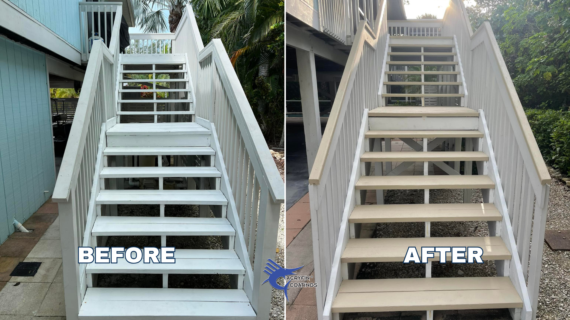 Before and after comparison of outdoor staircase painted and stained. The left side shows the staircase with white paint, and the right side shows it stained to reveal the natural wood color, with the text 'BEFORE' and 'AFTER' at the bottom of each s