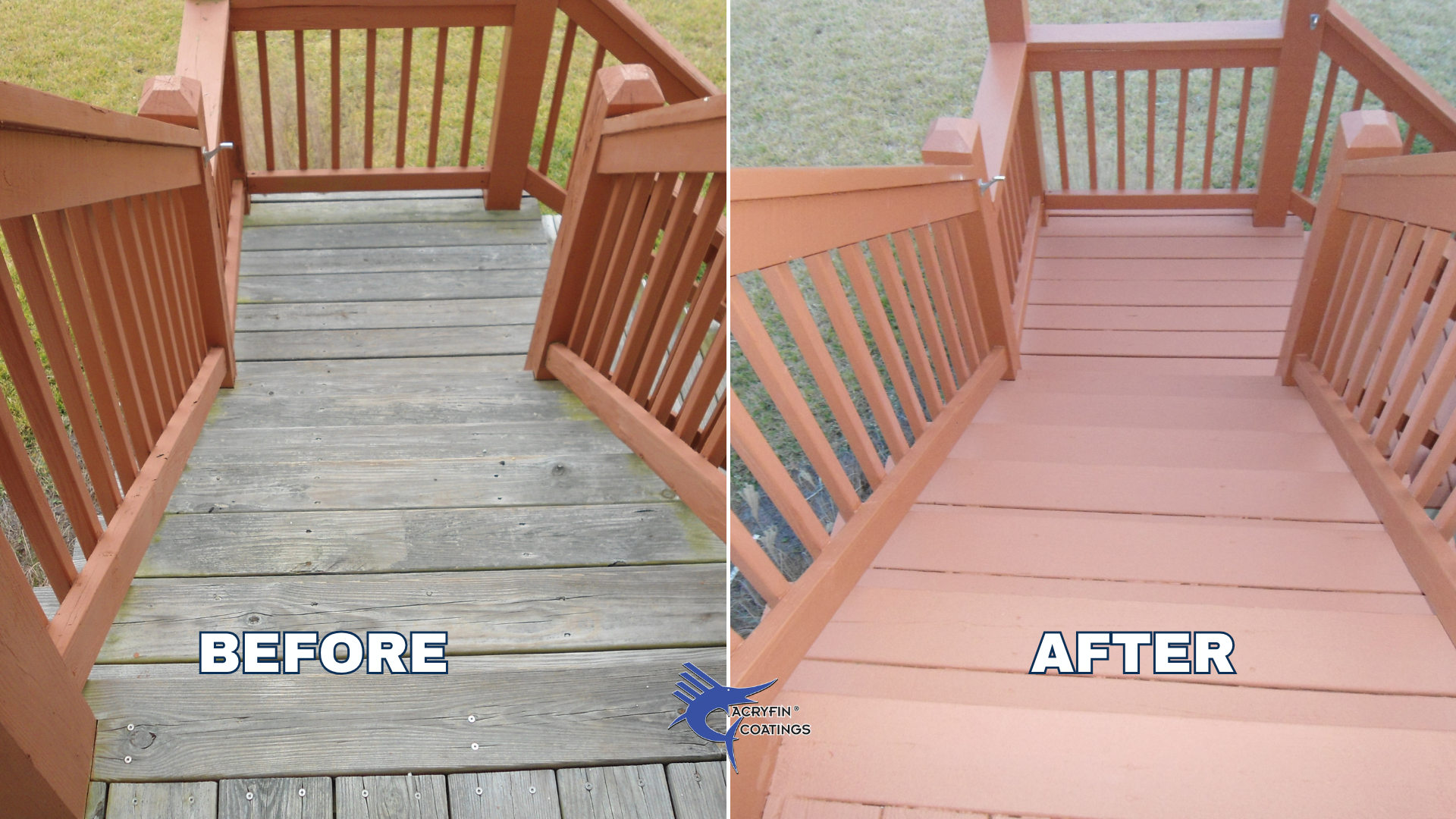 Comparison of a wooden deck before and after being coated with a protective finish. The left side shows an older, weathered wood surface, while the right side shows a newly coated, smoother, and brighter finish.