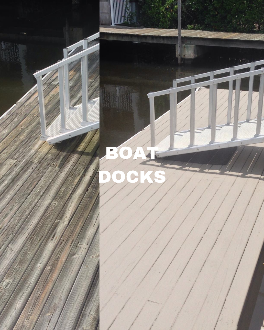 Comparison of two boat docks; the left dock has weathered dark wood with a white metal ramp, and the right dock has light-colored newer wood with a similar ramp. The water and greenery are visible in the background.