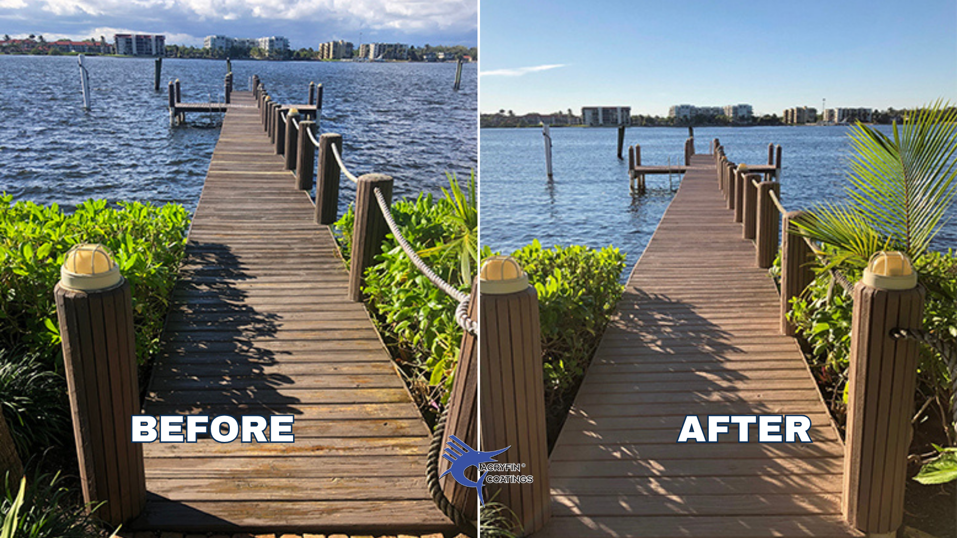 Side-by-side comparison of a wooden dock by a body of water, showing a before and after cleaning or coating treatment. The 'before' image has a darker, weathered look, while the 'after' image shows a cleaner, brighter surface. Green foliage and a cloudy or partly cloudy sky are visible in the background.