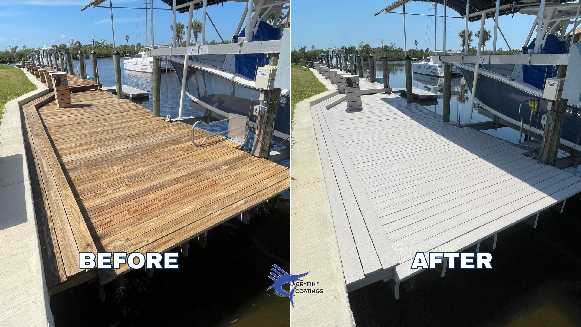 Side-by-side comparison of a boat dock before and after coating. The 'before' side shows a wooden surface with natural brown planks, while the 'after' side shows the same surface with a light-colored, textured coating.
