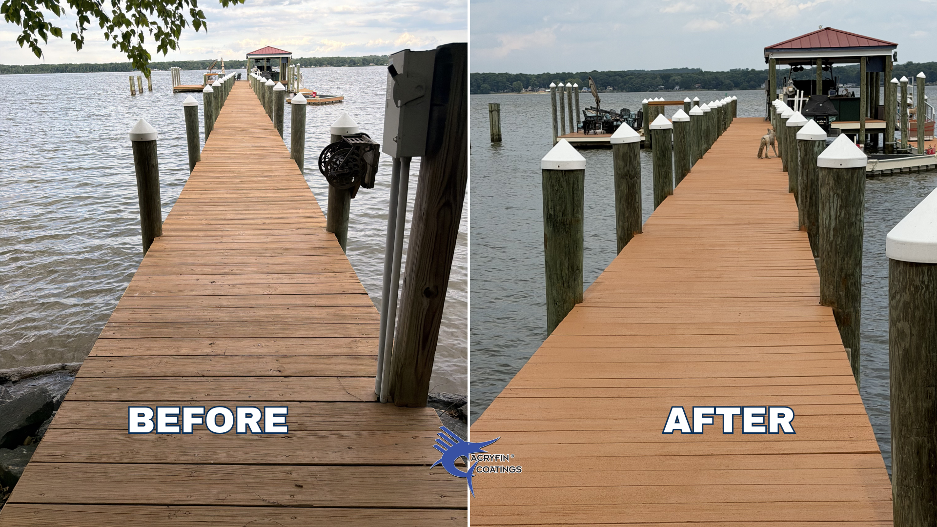 Side-by-side comparison of a wooden dock before and after a coating has been applied. The before image shows the natural wood, while the after image shows the wood with a fresh, protective coating. There is water underneath the dock, and the background features a lake and trees.