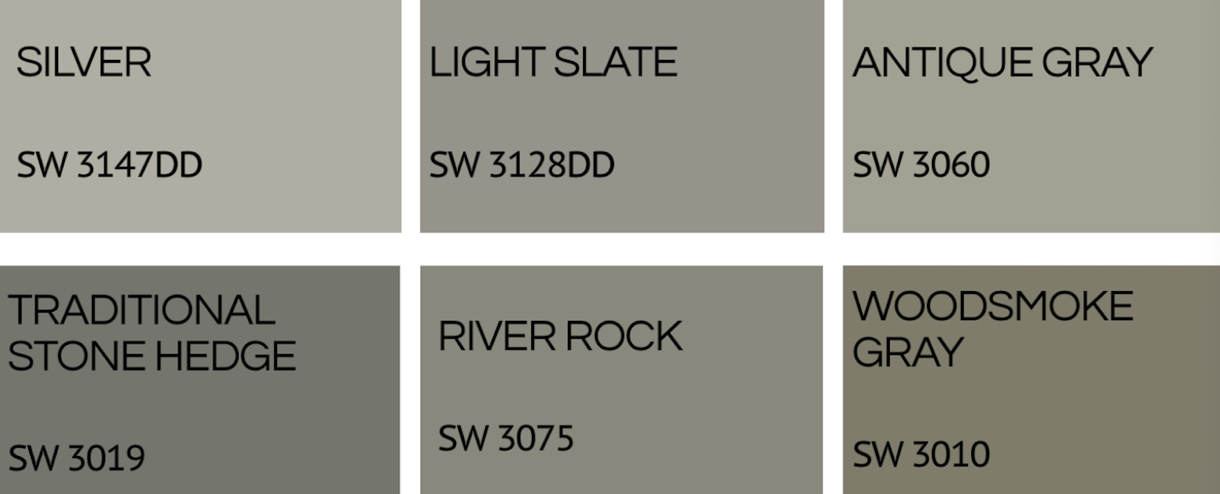 Color palette with six shades labeled with color names and Sherwin-Williams paint codes including Silver, Light Slate, Antique Gray, Traditional Stone Hedge, River Rock, and Woodsmoke Gray.
