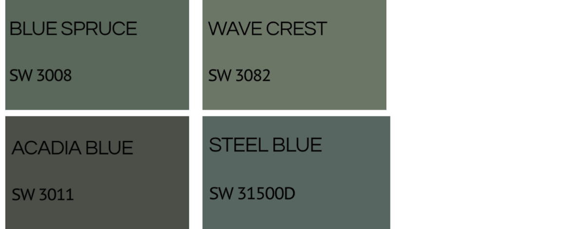 A color chart showing four shades of blue paint: Blue Spruce, Wave Crest, Acadia Blue, and Steel Blue, each with their corresponding color codes.