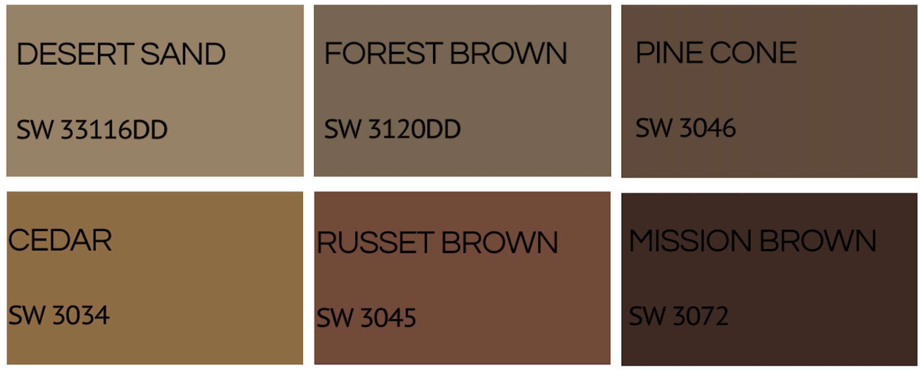 A color palette chart showing six different shades of brown and beige, with labels and color codes. Top row: Desert Sand, Forest Brown, Pine Cone. Bottom row: Cedar, Russet Brown, Mission Brown.