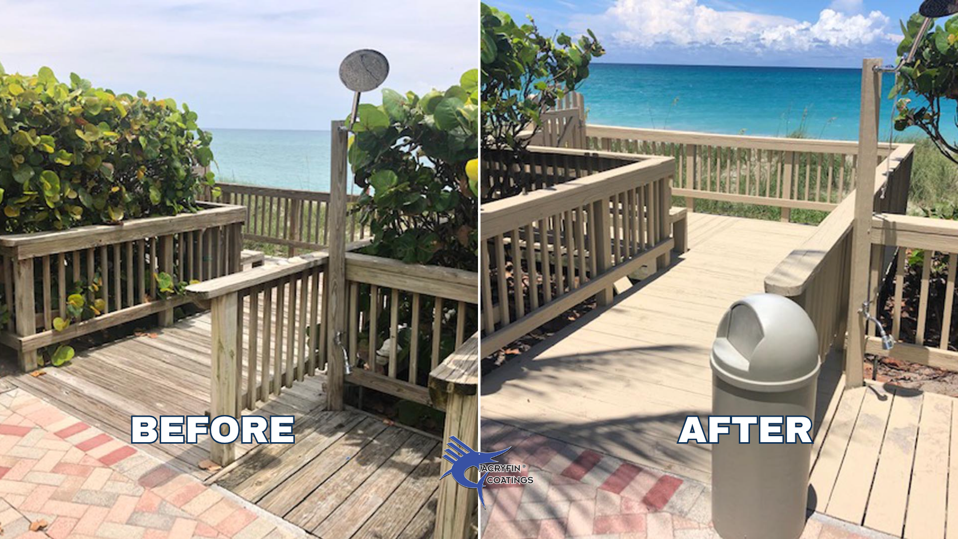 Side-by-side comparison of a weathered wooden deck with overgrown bushes before and a newly cleaned deck after pressure washing, with an ocean view and sky in the background.