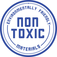 Circular blue label with the words "NON TOXIC" in the center. Outer ring reads "ENVIRONMENTALLY FRIENDLY" and "RECYCLABLE MATERIALS".