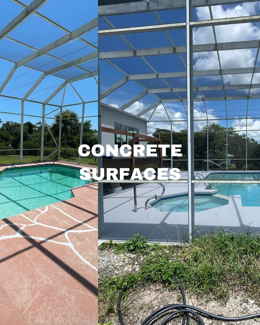 Comparison of a swimming pool enclosed by a screened structure before and after installation of a concrete surface, with the left side showing a brick and tile surface and the right side showing a concrete surface, with the words "CONCRETE SURFACES" overlayed.