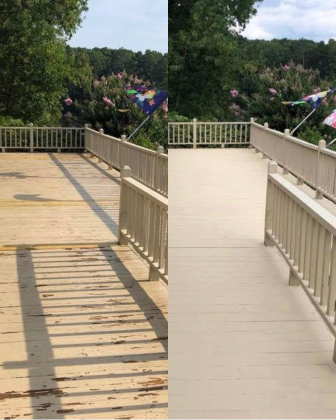 Side-by-side comparison of a wooden deck before and after cleaning, showing a weathered, stained surface on the left and a clean, freshly painted surface on the right.